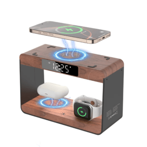 bamboo alarm clock with wireless charging, alarm voice, voice mood, date, energy saving, temperature display