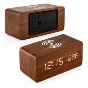 bamboo alarm clock with wireless charging, alarm voice, voice mood, date, energy saving, temperature display