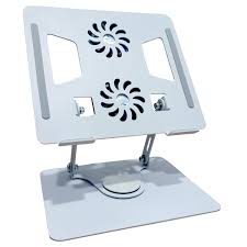 laptop stand with double fan aluminium tabletop laptop stand with double fan 360 degree rotating adjustable ergonomic foldable portable laptop universal holder for notebook, mac book, laptops (25 cm,silver)